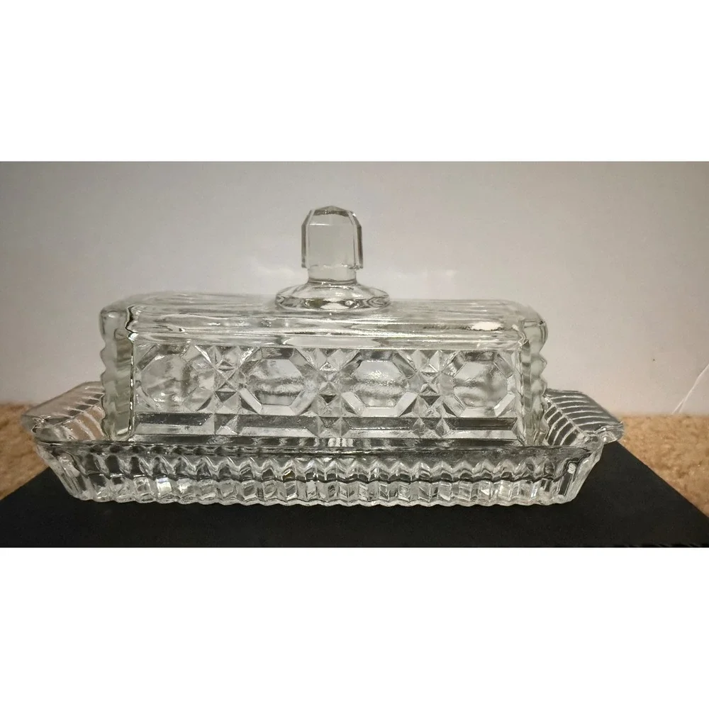 Vintage Mini Clear Pressed Glass Covered Butter Dish Starburst Diamond Pattern